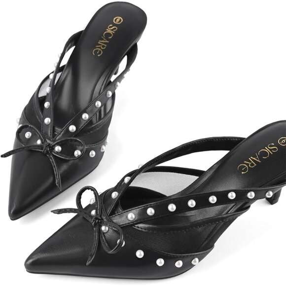 Sicare Kitten Heels Synthetic Black Women Pointed Toe Stiletto Pumps with Bow - Picture 3 of 9